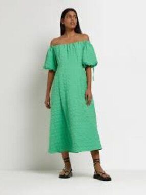 River Island Green Off-Shoulder Dress – Fully Lined | Size 14 UK - HS0324
